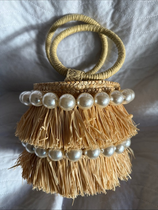 Btb Los Angeles Handbags - Pearl-Trim Straw Fringe Mini Bag - Natural